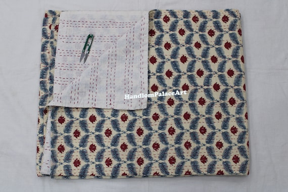 Floral Print Indian Kantha Quilt: Lightweight Cotton Bedspread