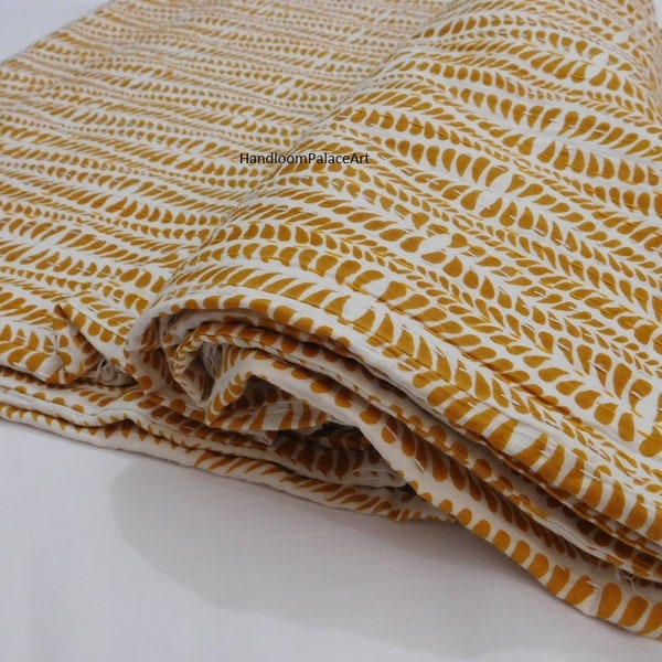 Handmade Yellow Kantha Quilt: Lightweight Cotton Bedspread