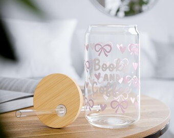 Books and Coffee Drinking Glass, Sipper Glass, Glass with bamboo lid and glass straw, Iced Coffee Mug, Coffee Mug, 16oz