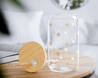 Cute Stars Drinking Glass, Sipper Glass, Glass with bamboo lid and glass straw, Iced Coffee Mug, Coffee Mug, 16oz