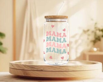 Copy of Mom Mothers Day Mama Drinking Glass, Sipper Glass, Glass with bamboo lid and glass straw, Iced Coffee Mug, Coffee Mug, 16oz