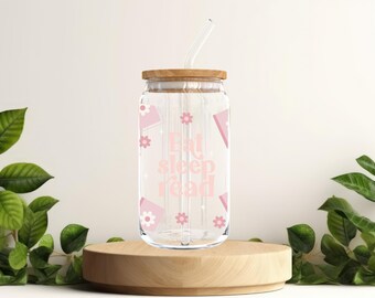 Eat Sleep Read Drinking Glass, Sipper Glass, Glass with bamboo lid and glass straw, Iced Coffee Mug, Coffee Mug, 16oz