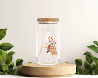 CUSTOM Floral Initial Sipper Glass 16oz, Personalized Drinkware, Monogrammed Stemless Wine Glass, Wedding Gift, Bridal Party Favor, Birthday
