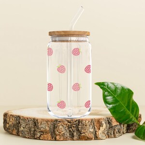 Cute Strawberries Drinking Glass, Sipper Glass, Glass with bamboo lid and glass straw, Iced Coffee Mug, Coffee Mug, 16oz