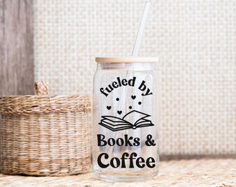 Fueled by Books and Coffee Drinking Glass, Sipper Glass, Glass with bamboo lid and glass straw, Iced Coffee Mug, Coffee Mug, 16oz