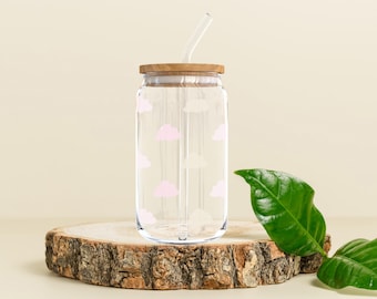 Cute Clouds Drinking Glass, Sipper Glass, Glass with bamboo lid and glass straw, Iced Coffee Mug, Coffee Mug, 16oz