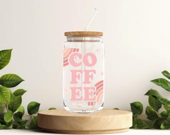 Coffee Statement Drinking Glass, Sipper Glass, Glass with bamboo lid and glass straw, Iced Coffee Mug, Coffee Mug, 16oz