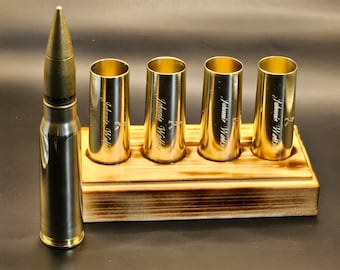 Flight of 4 shot glasses from 20mm Vulcan Brass Case, with wood base, Unique gift, Veterans, Groomsman, Free engraving