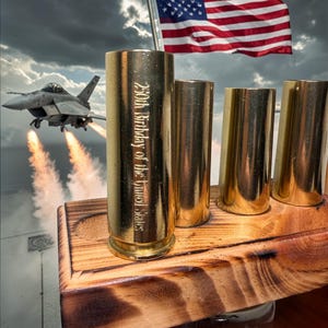 Vulcan Brass Shot Glass Set of 3 with Wood Base - Military Gift