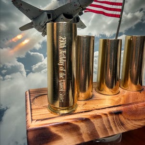 Vulcan Canon 22mm Brass Shot Glass Set of 4 with wood base, veterans, gun enthusiasts, 250th Birthday of the United States