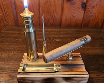 20mm Vulcan brass Cigar station, With oil Lamp, Swivel Cigar Stand/Punch, Ashtray, Draw Enhancer/Nubber Tool