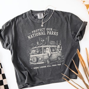 May include: A charcoal gray short-sleeve t-shirt featuring a graphic of a van with mythical creatures and the text "PROTECT OUR NATIONAL PARKS" and "WHERE LEGENDS STILL ROAM FREE". A silver chain necklace rests on the collar of the shirt.