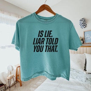 K&ouml;nnte beinhalten: Ein t&uuml;rkisfarbenes T-Shirt mit dem Text "IS LIE. LIAR TOLD YOU THAT." in fetten schwarzen Buchstaben. Das Shirt h&auml;ngt an einem Holzb&uuml;gel vor einem weichen Hintergrund.