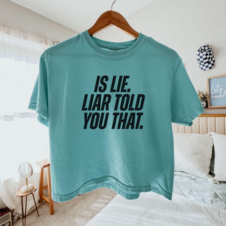 K&ouml;nnte beinhalten: Ein t&uuml;rkisfarbenes T-Shirt mit dem Text "IS LIE. LIAR TOLD YOU THAT." in fetten schwarzen Buchstaben. Das Shirt h&auml;ngt an einem Holzb&uuml;gel vor einem weichen Hintergrund.