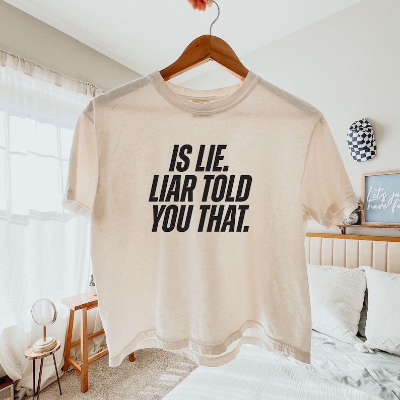 K&ouml;nnte beinhalten: Ein cremefarbenes T-Shirt mit dem Text "IS LIE. LIAR TOLD YOU THAT." in fetten schwarzen Buchstaben. Das Shirt h&auml;ngt an einem Holzb&uuml;gel. Der Hintergrund umfasst ein Fenster mit transparenten Vorh&auml;ngen und einen kleinen Beistelltisch.