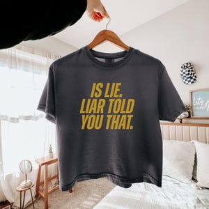 Può includere: T-shirt grigio scuro con la scritta "IS LIE. LIAR TOLD YOU THAT." in lettere dorate. La maglietta è appesa a una gruccia di legno. Lo sfondo comprende un letto, un tavolino e un'insegna decorativa.