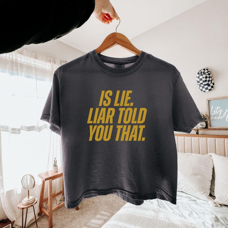 K&ouml;nnte beinhalten: Dunkelgraues T-Shirt mit dem Text "IS LIE. LIAR TOLD YOU THAT." in goldfarbenen Buchstaben. Das Shirt h&auml;ngt an einem Holzb&uuml;gel. Der Hintergrund umfasst ein Bett, einen kleinen Tisch und ein dekoratives Schild.
