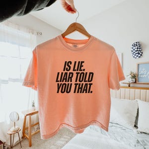 K&ouml;nnte beinhalten: Pfirsichfarbenes T-Shirt mit dem Text "IS LIE. LIAR TOLD YOU THAT." in fetten schwarzen Buchstaben. Das Shirt h&auml;ngt an einem Holzb&uuml;gel.