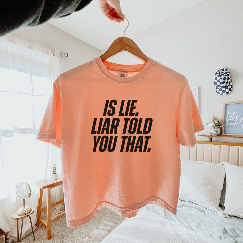 K&ouml;nnte beinhalten: Pfirsichfarbenes T-Shirt mit dem Text "IS LIE. LIAR TOLD YOU THAT." in fetten schwarzen Buchstaben. Das Shirt h&auml;ngt an einem Holzb&uuml;gel.