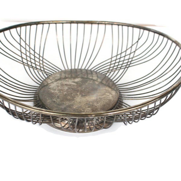 Silver Plate Wire Fruit Basket / Mid Century Modern Wire Tabletop Bowl / Woven Metal Basket