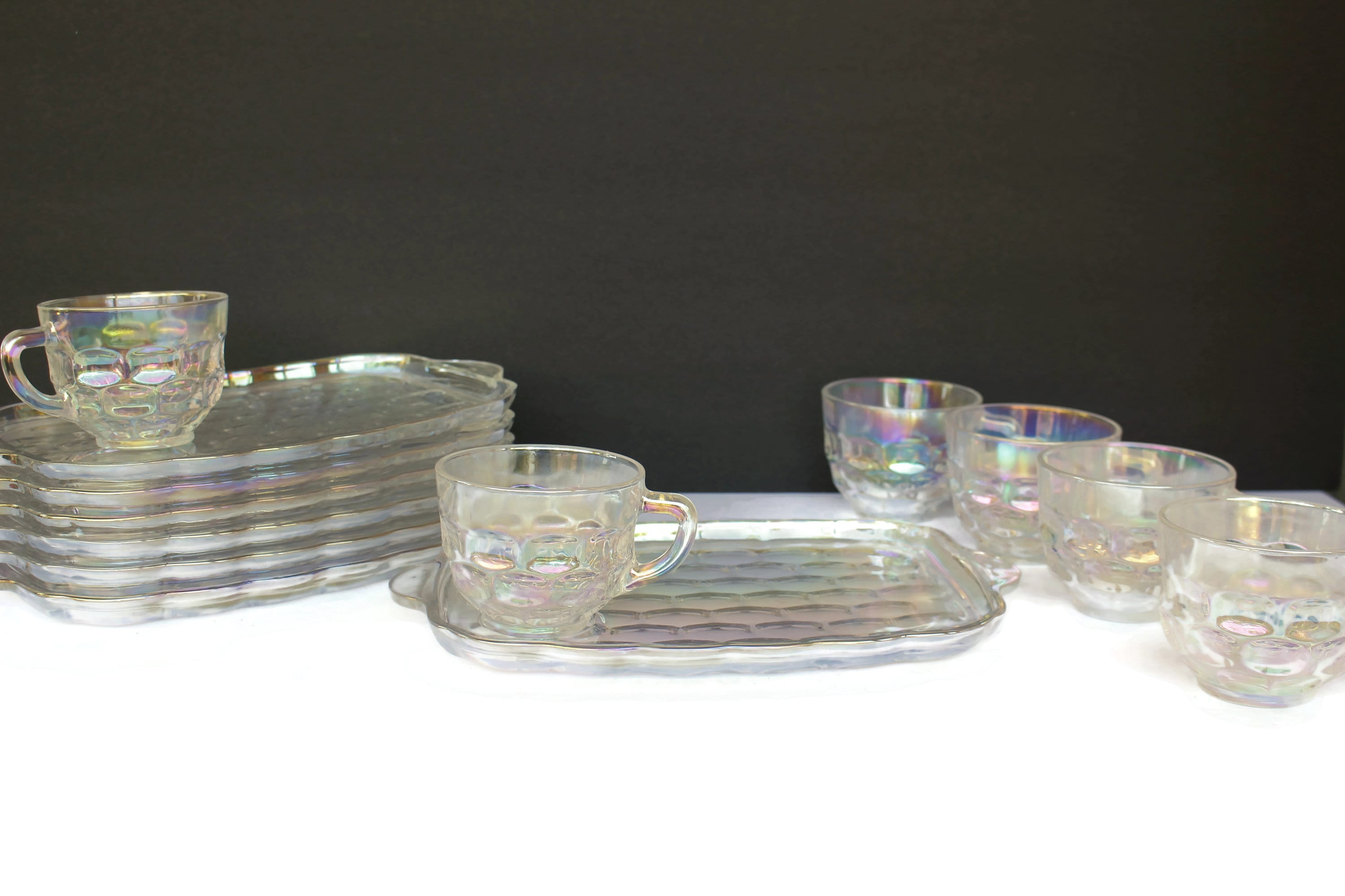 federal glasswear 5点セット　アンティーク　ヴィンテージ　お皿 Federal Glass Yorktown Iridescent Carnival Glass Snack Set - 12