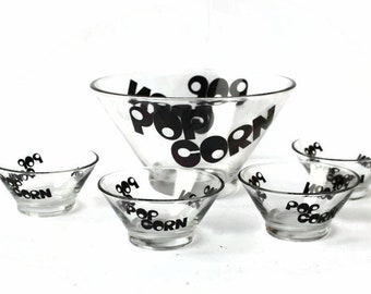 Glas Popcorn Servierschüssel mit vier kleinen Popcorn Schüsseln / Mid Century Glasschüssel Set / Vintage Popcorn Schüsseln / Wheaton Glas