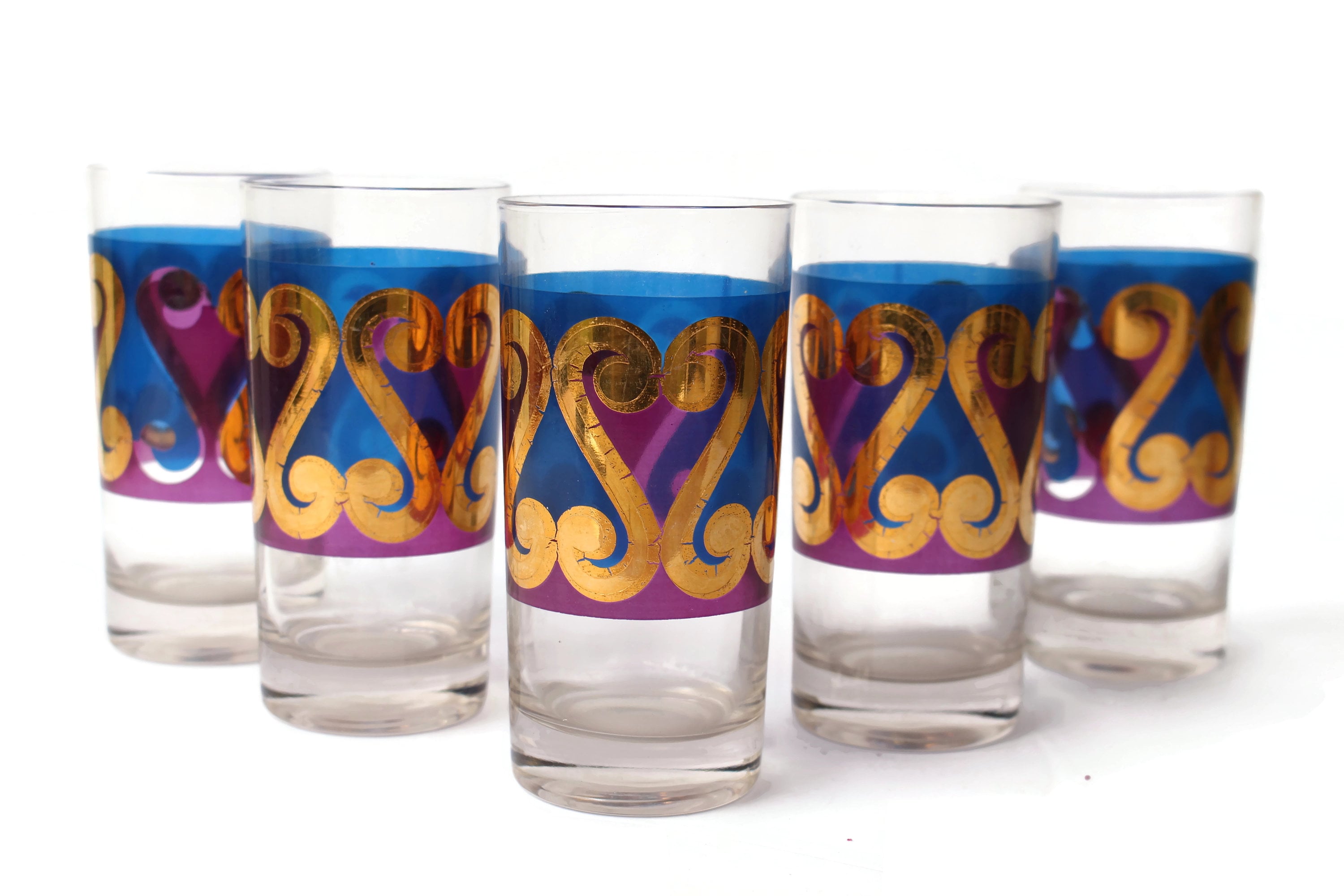 5 Mid Century Modern Highball Glasses / Blue Purple and Gold Etsy