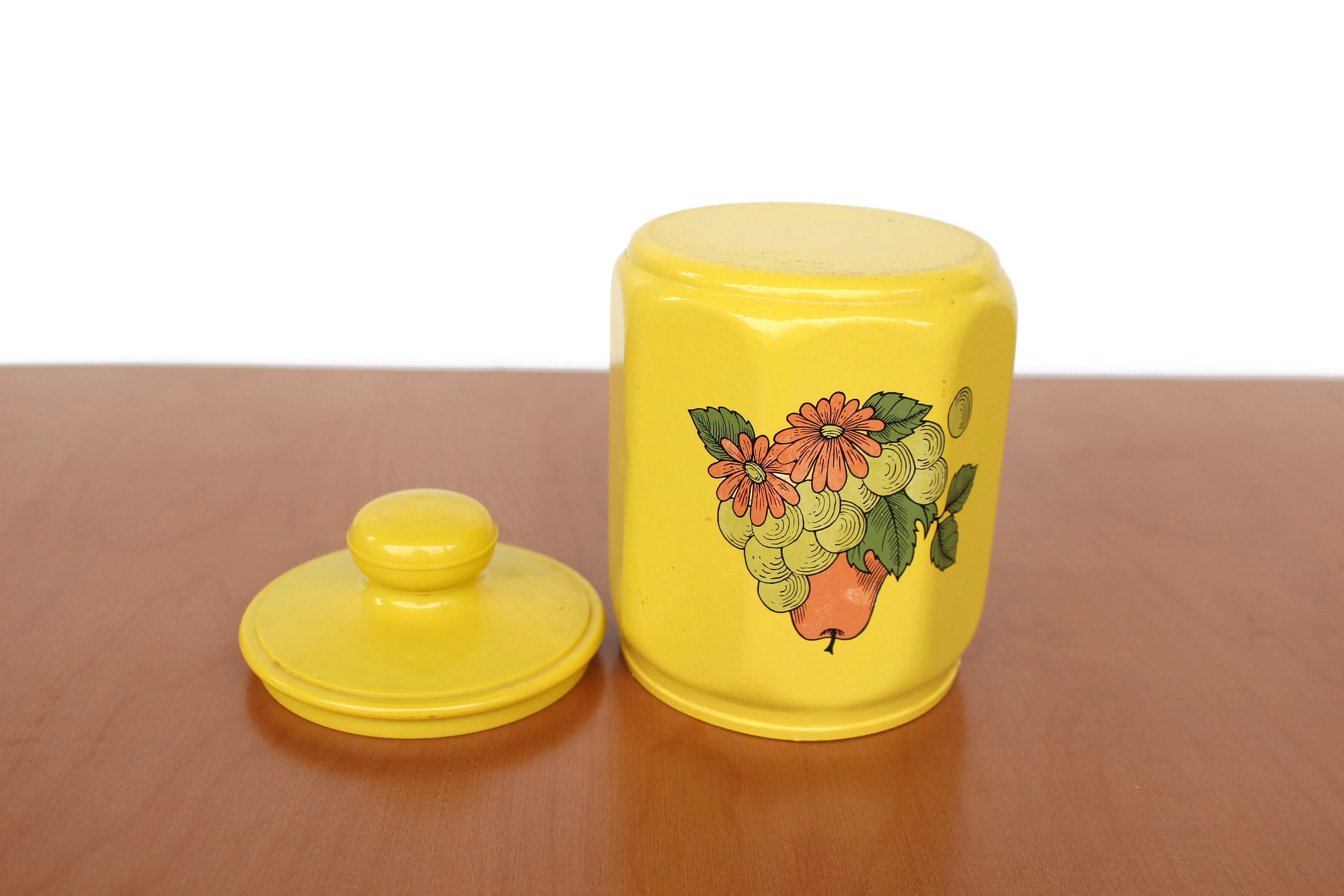Vintage Kromex Yellow Harvest Canister / Retro Yellow Fruits and