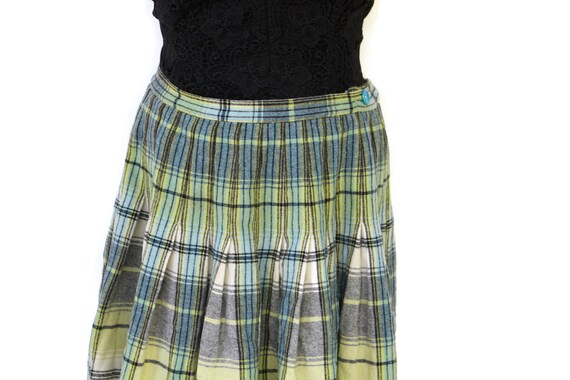 Vintage Wool Plaid Skirt Lime Green Yellow and Blue 1960s Wool Skirt Size Medium Calf Length Pleated Skirt Etsy
