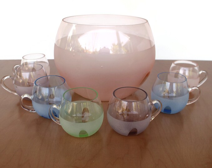 Mid Century Punch Bowl Set / Frosted Glass Punch Bowl With 7 Etsy