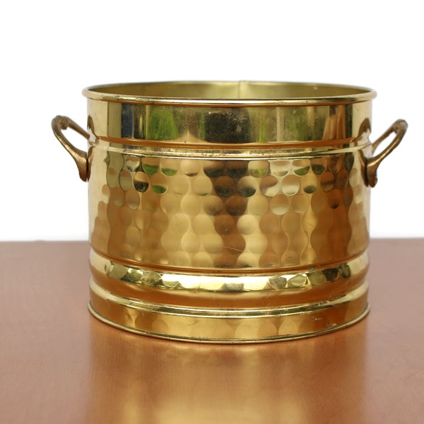 Solid Brass Plant Pot / Hammered Brass Planter With Handles / Gold Metal Houseplant Pot