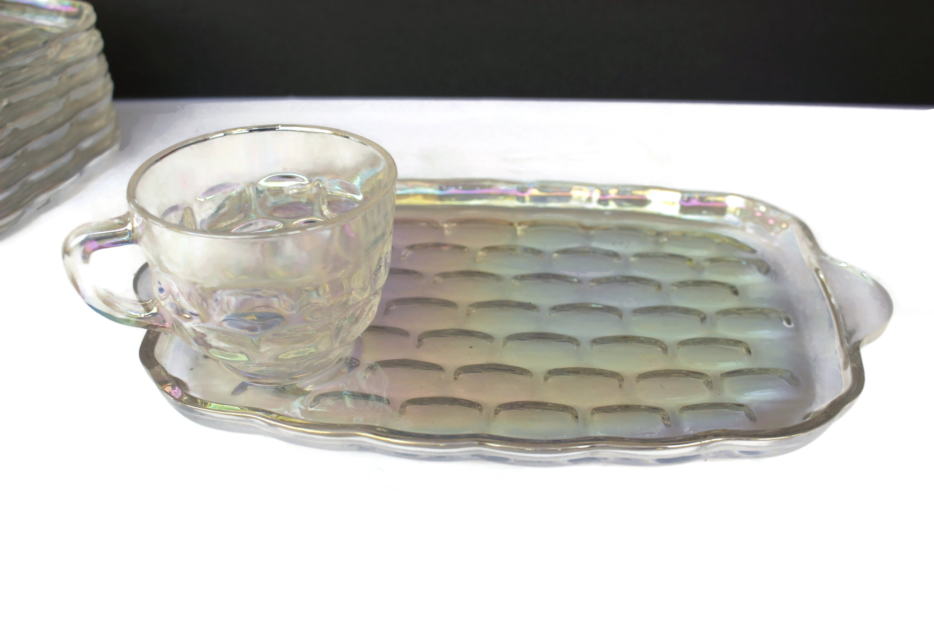 Vintage Snack Dish/tea Cup Set Iridescent Glass Carnival Glass