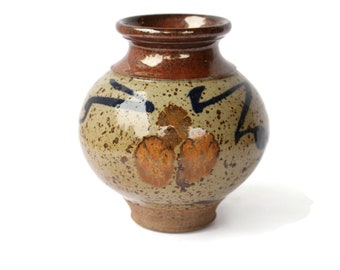 Vintage Studio Pottery Vase: Speckled Stoneware with Abstract Flowers