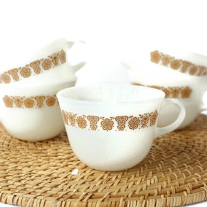 7  Pyrex Butterfly Gold Mugs / Milk Glass Mugs With Gold Butterfly and Flower Design / Vintage White Glass Teacups