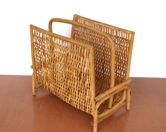 Vintage Bamboo and Rattan Magazine Rack / Book Holder / Vinyl Record Holder /