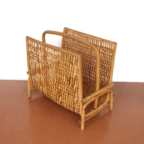 Vintage Bamboo and Rattan Magazine Rack / Book Holder / Vinyl Record Holder /