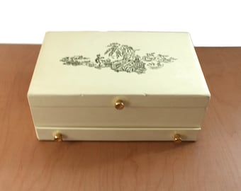 May include: Cream-colored rectangular jewelry box with a landscape design on the lid. The box has gold-colored hardware, including a clasp and small feet. The landscape design is in a dark green color.