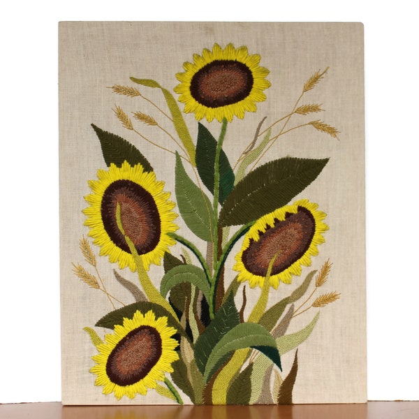 HUGE Vintage Sunflower Crewel Art / Embroidery / Sunflower Wall Hanging