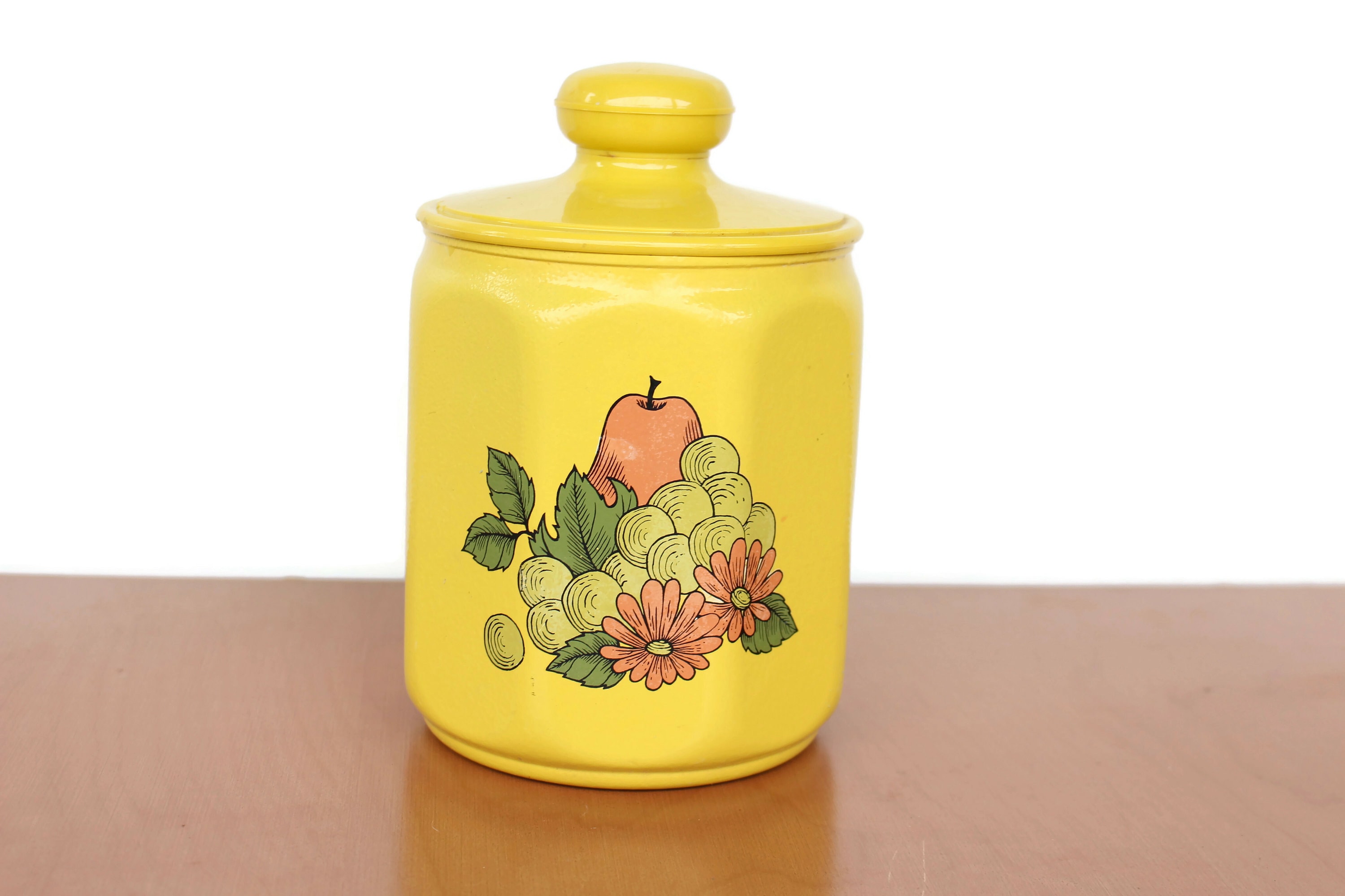 Vintage Kromex Yellow Harvest Canister / Retro Yellow Fruits and