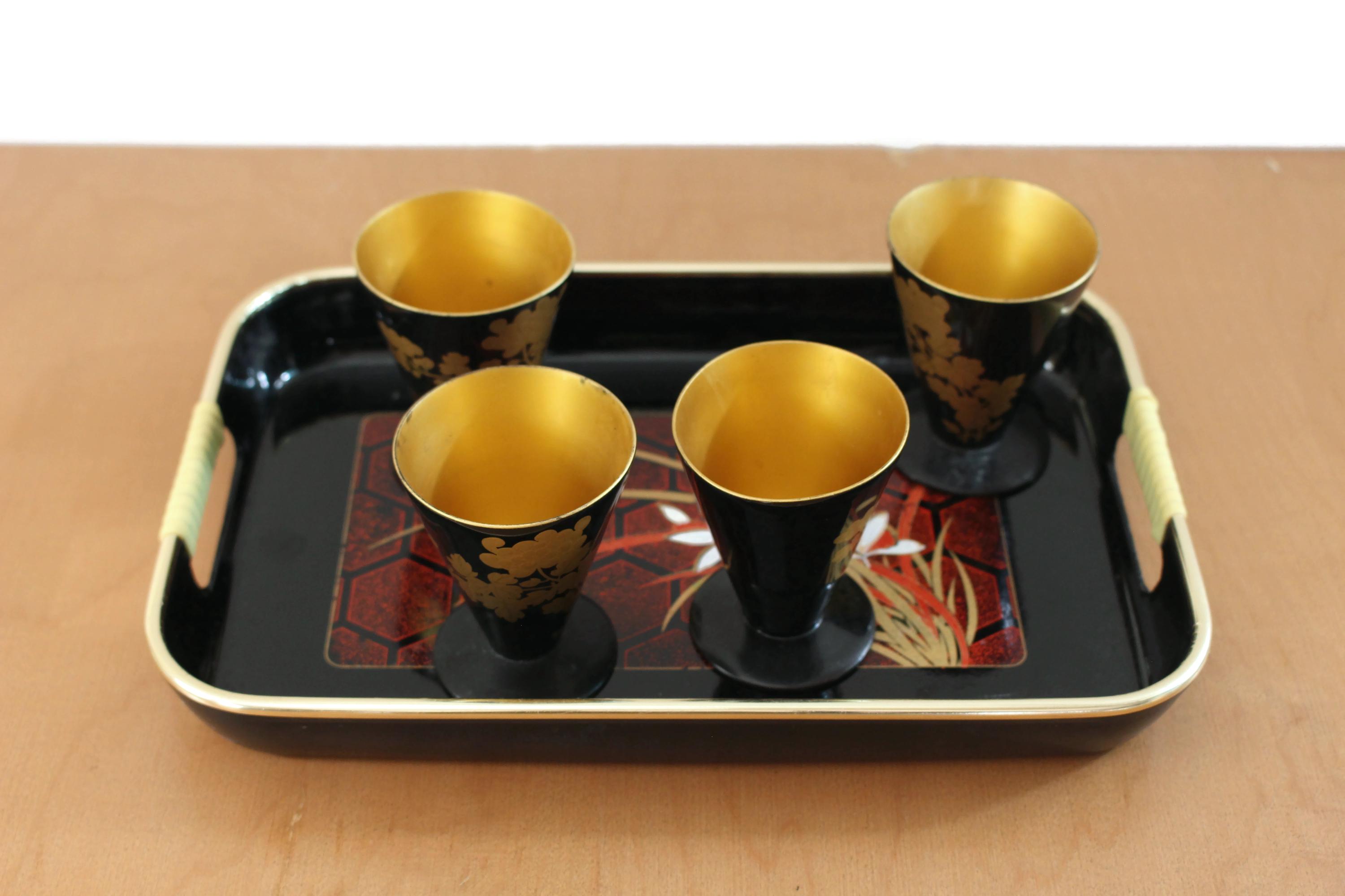 Vintage Japanese Lacquerware Sake Set, Black & Gold Glasses and