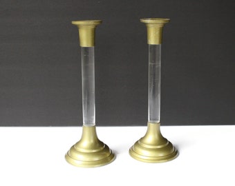 2 Brass and Lucite Candlestick Holders / Mid Century Modern
