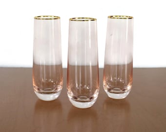 Vintage Blush Pink Champagne Flutes / Gold Rimmed Champagne Glasses / Mid Century Modern