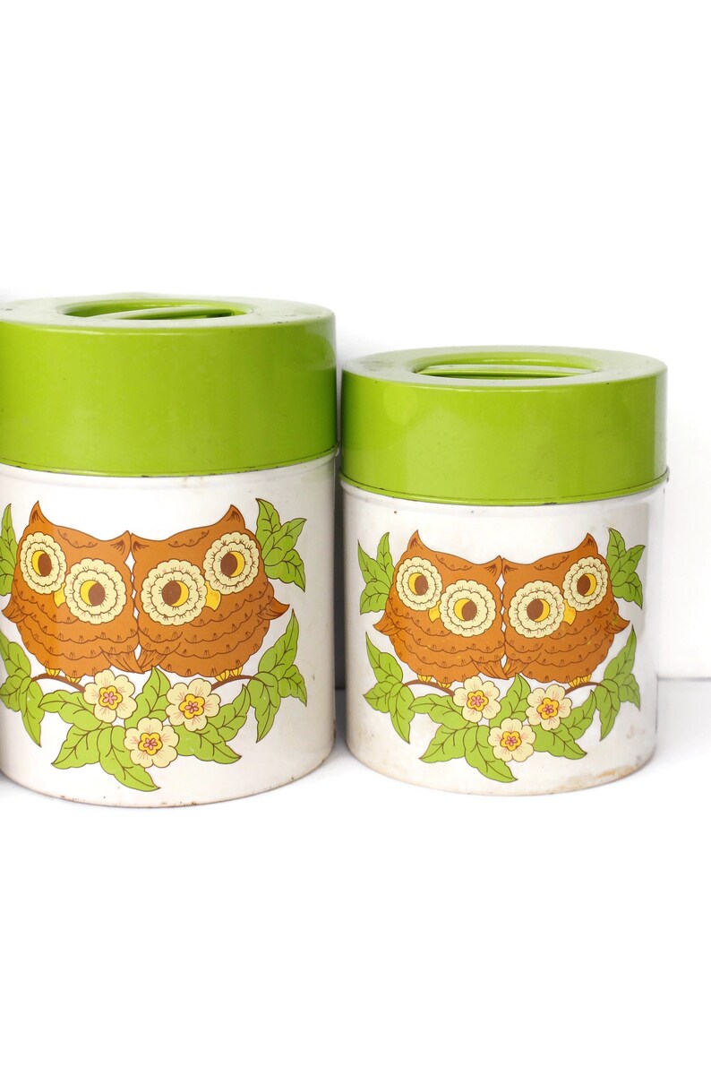 4 Vintage Owl Tin Canisters / Owl Kitchen Canister Set With Etsy