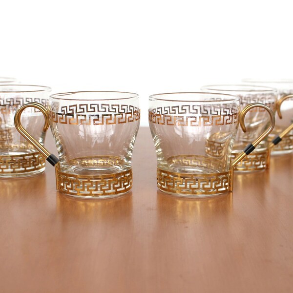 6 Vintage Libbey Greek Key Glasses / 22 Karat Gold Coffee Mugs With Brass Handles