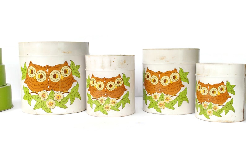 4 Vintage Owl Tin Canisters / Owl Kitchen Canister Set With Etsy