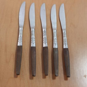 5 Vintage Interpur INR2 Stainless Steel Dinner Knives / Faux Wood Handle / Japan / MCM Canoe Muffin Scroll