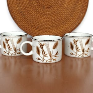 May include: Three white ceramic mugs with brown floral designs. The mugs have a rounded shape and a handle on the side. The mugs are sitting on a brown wooden surface.