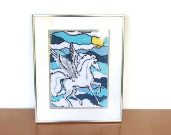 Framed Unicorn Crosstitch / Vintage Unicorn Wall Hanging