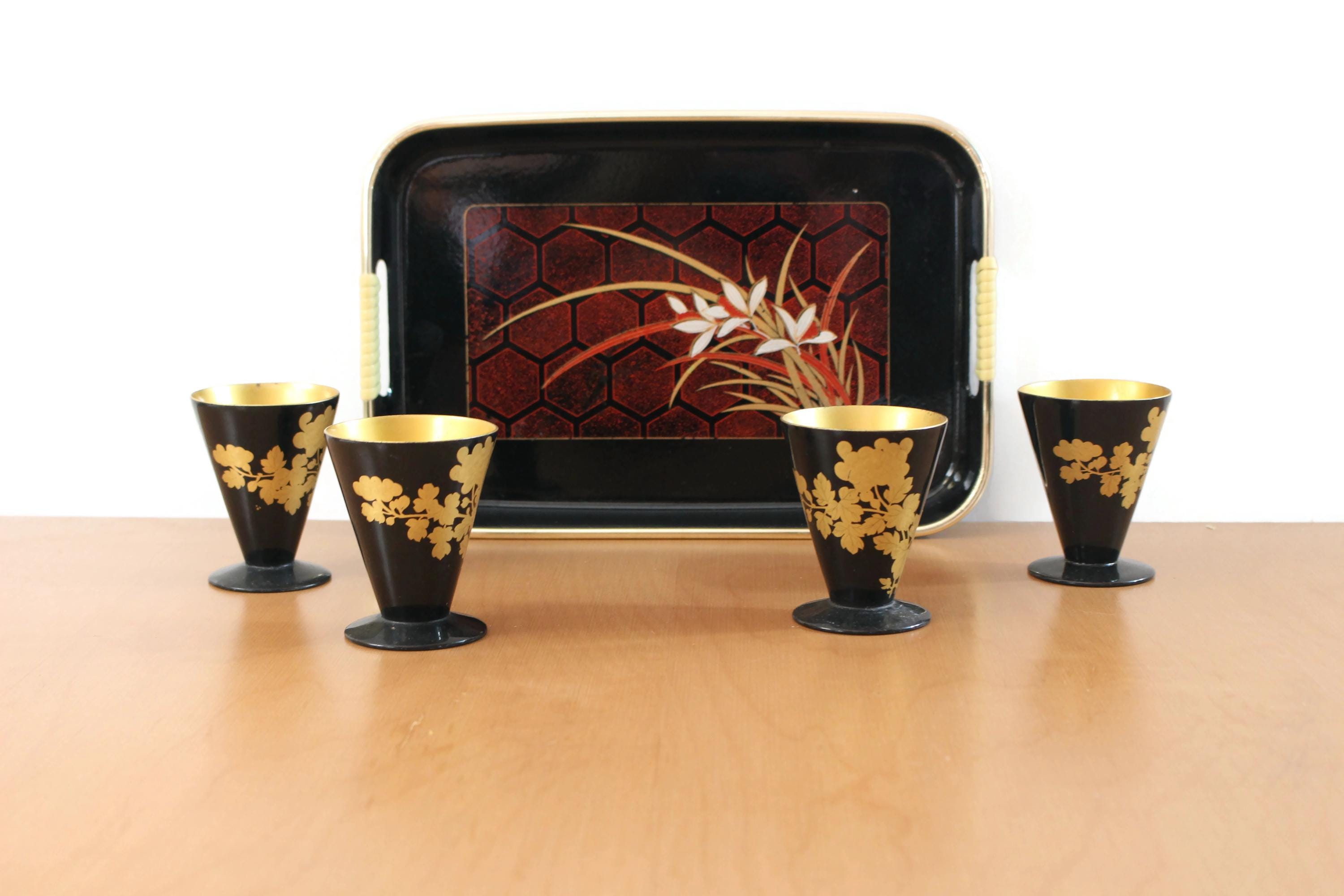 Vintage Japanese Lacquerware Sake Set, Black & Gold Glasses and
