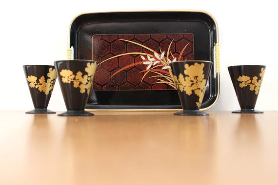 Vintage Japanese Lacquerware Sake Set, Black & Gold Glasses and